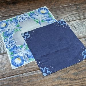 Vintage Lot of 2 Blue Floral Retro Hankies
